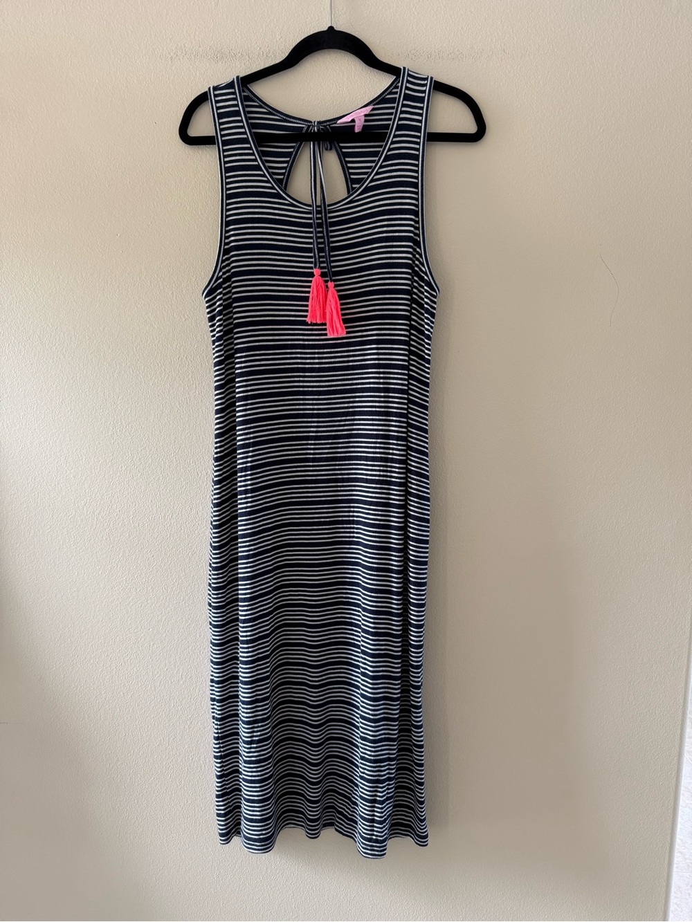 Lilly Pulitzer Navy and White Striped Knit Dress With Coral Tassel Ties